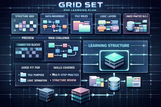 Grid set PHP learning plan with various modules on a dark background