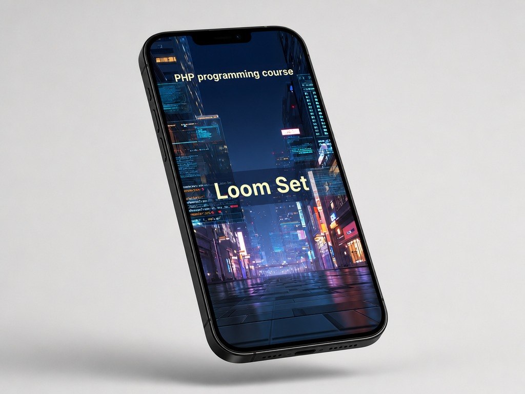 Phone displaying a PHP programming course on a cityscape background
