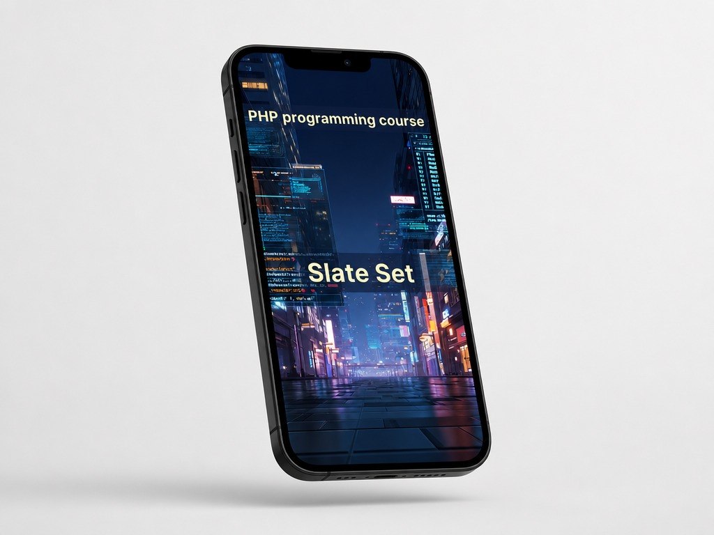 Phone displaying 'PHP programming course Slate Set' on a cityscape background