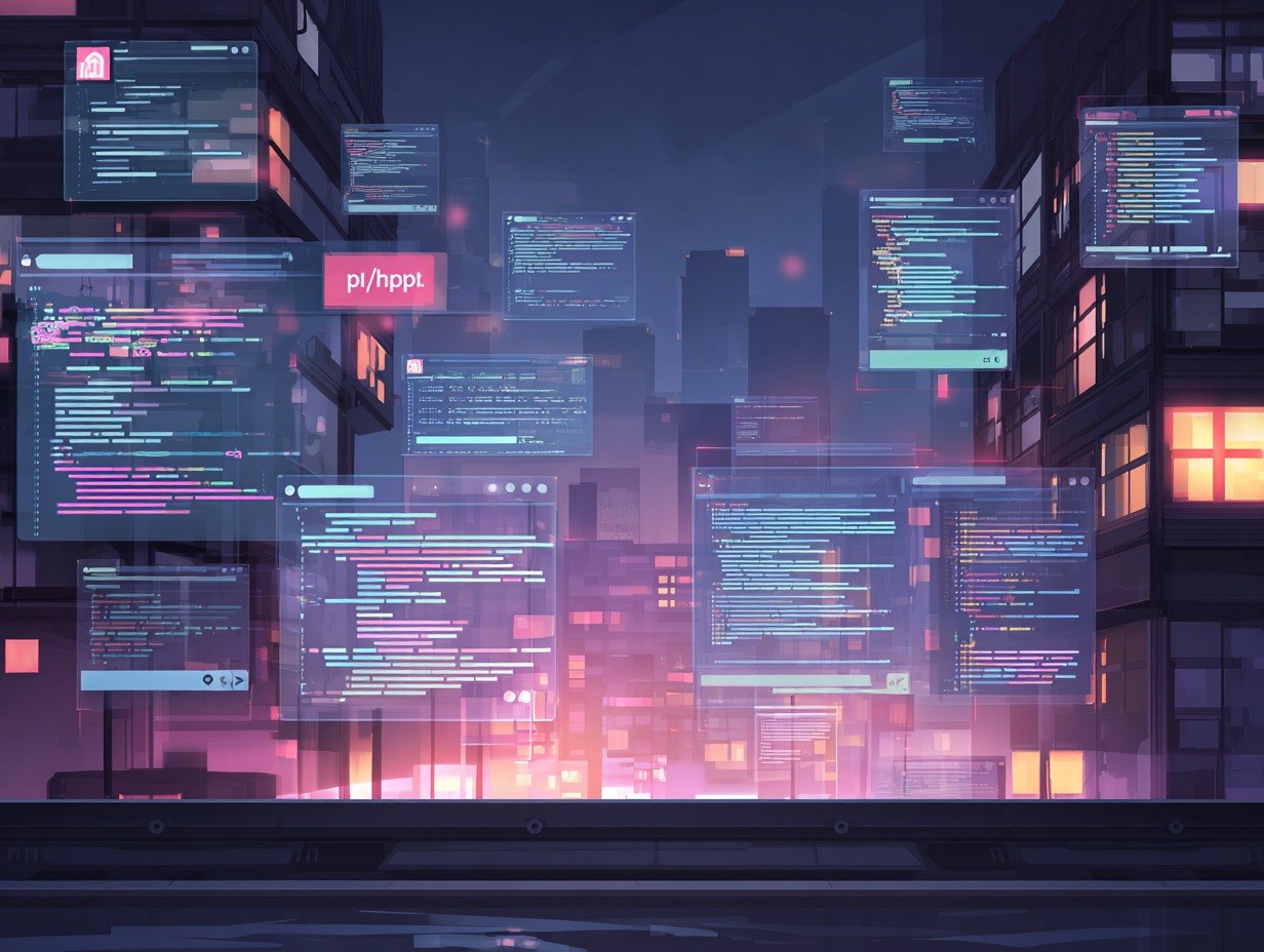 Futuristic cityscape with digital displays and code-like text on buildings.
