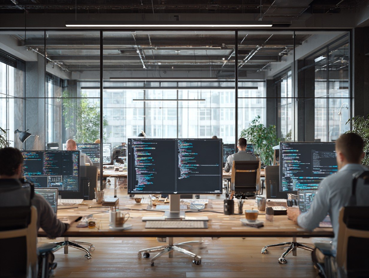 Modern office with employees working at desks with multiple computer monitors.