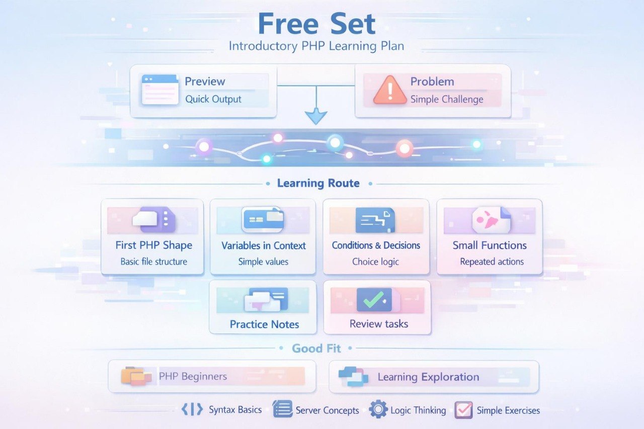 Free Set Introductory PHP Learning Plan with various learning modules on a light blue background