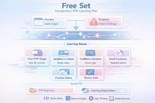 Free Set Introductory PHP Learning Plan with various learning modules on a light blue background