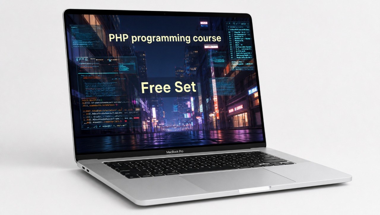 Laptop displaying a PHP programming course free set on a cityscape background