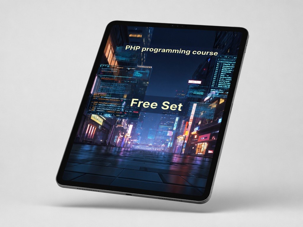 Tablet displaying a PHP programming course free set on a white background
