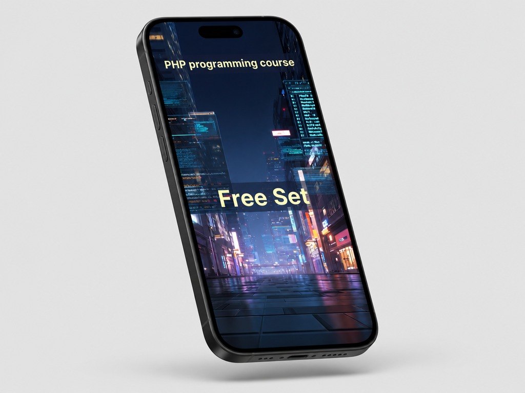 Phone with PHP programming course and free set text on a cityscape background