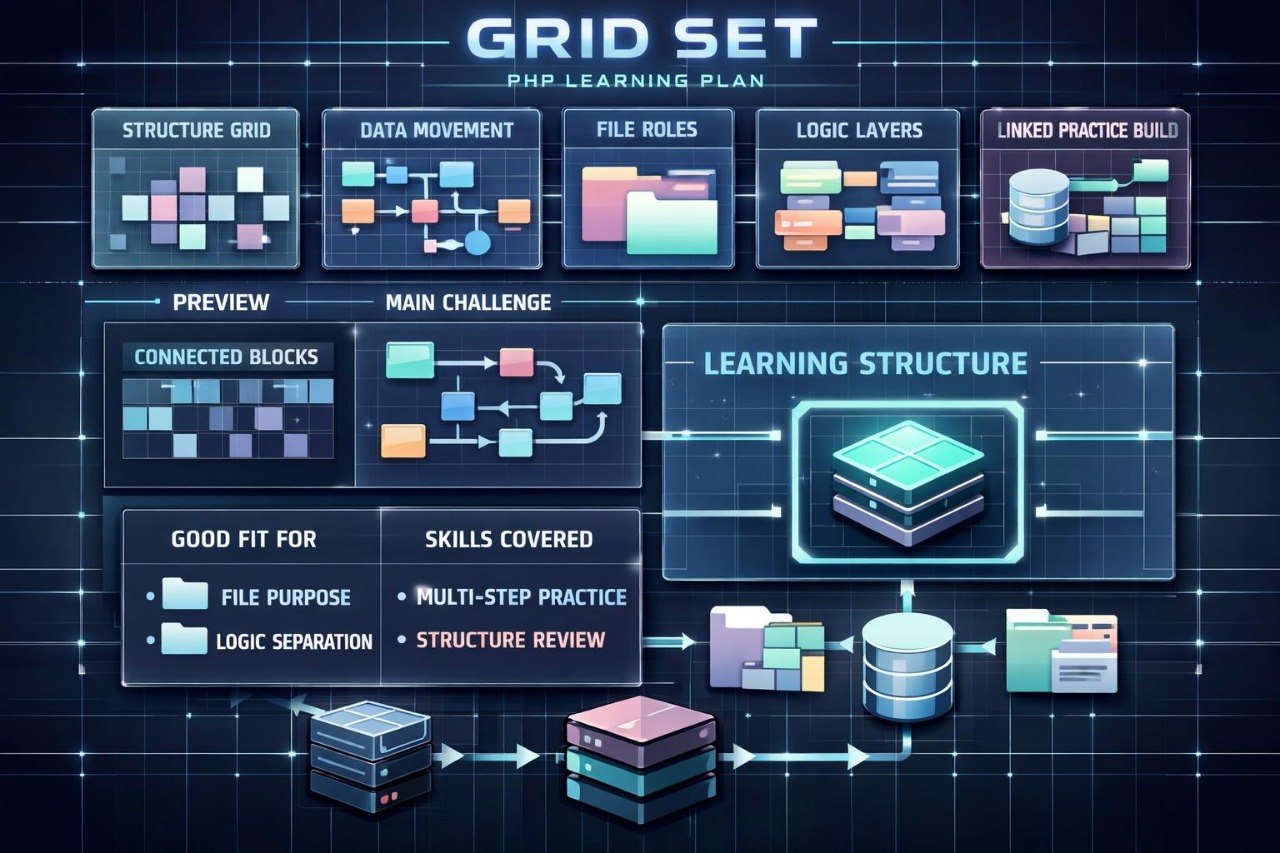 Grid set PHP learning plan with various modules on a dark background