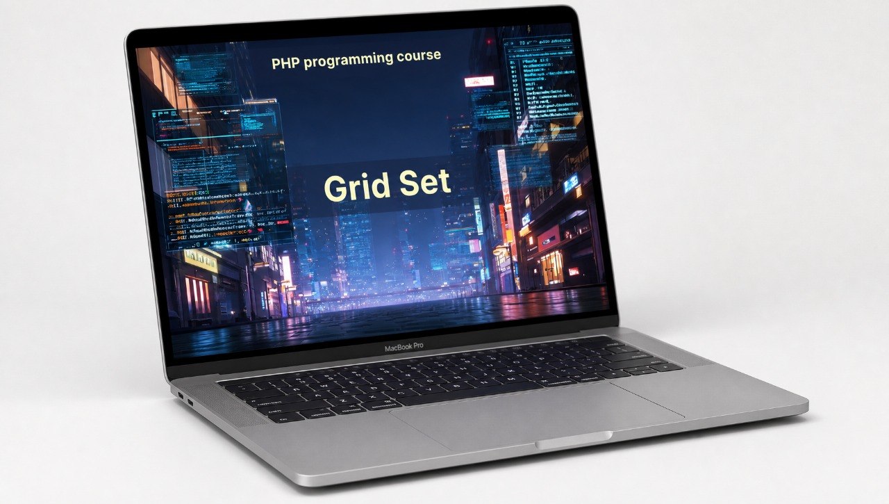 Laptop displaying a PHP programming course on a cityscape background