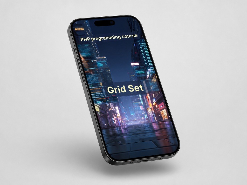 Phone displaying a PHP programming course grid set on a gray background
