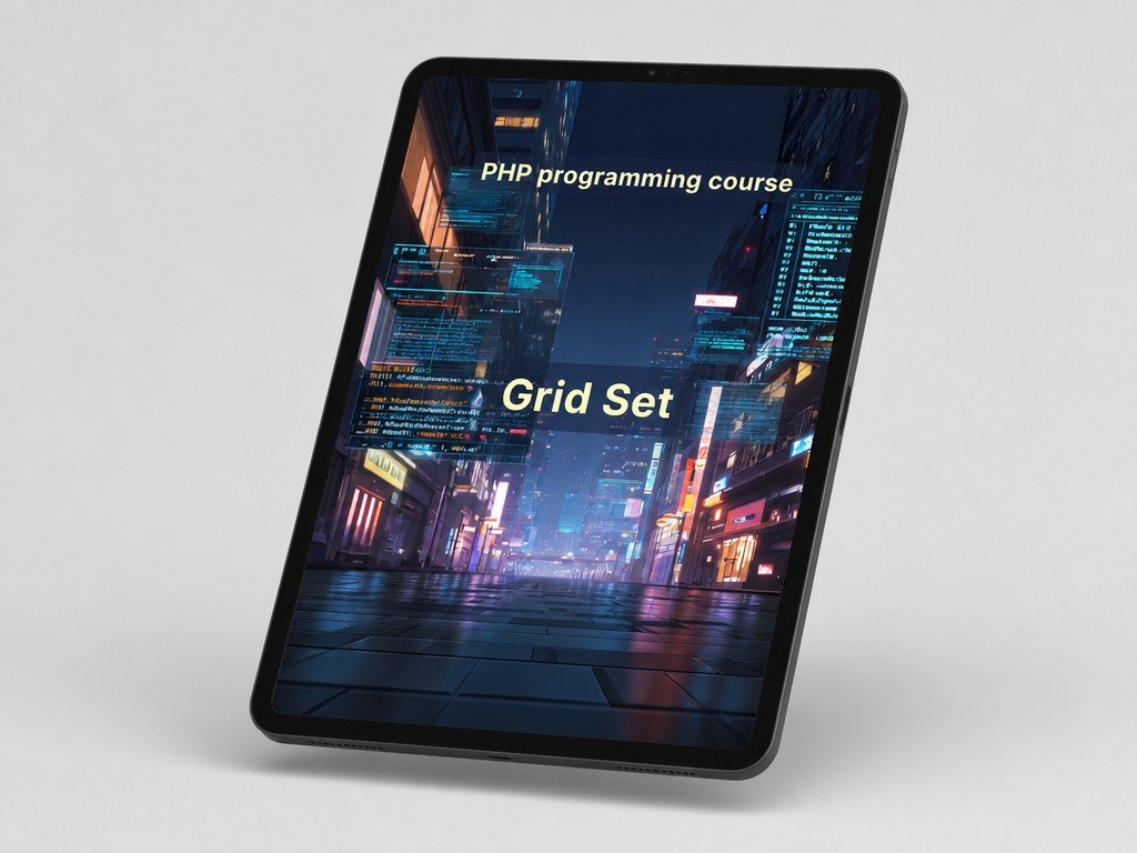 Tablet displaying a PHP programming course grid set on a white background