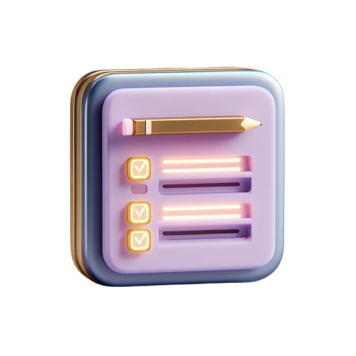 Square device with a pen and checkmarks on a light purple background