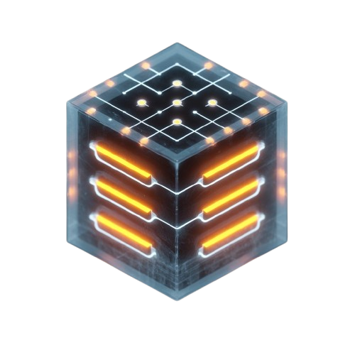 Hexagonal block with glowing orange elements on a white background
