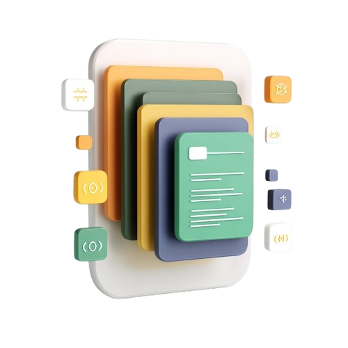 Colorful stack of cards with icons on a white background