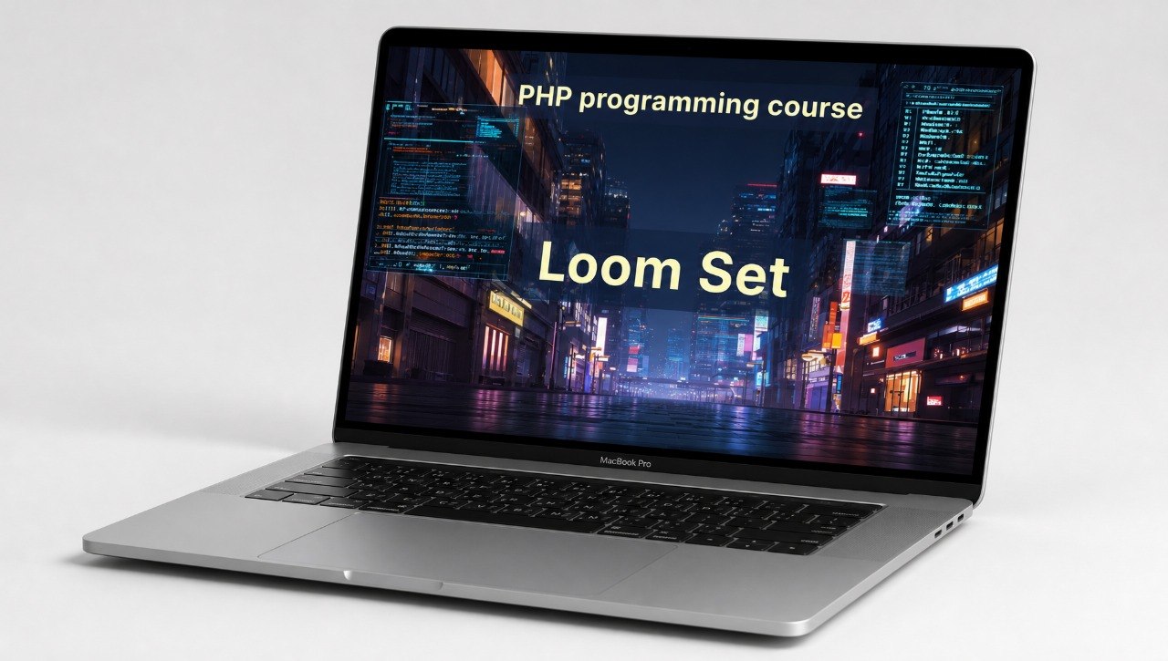 Laptop displaying a PHP programming course with 'Loom Set' on the screen.