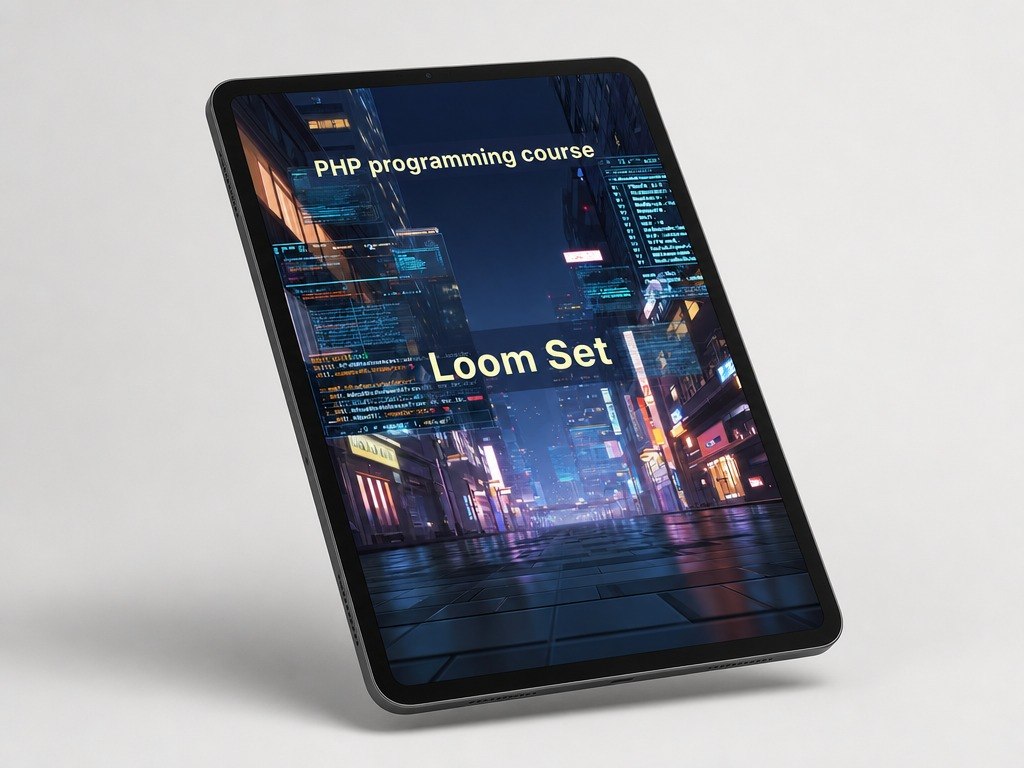 Tablet displaying a PHP programming course with 'Loom Set' text on a cityscape background.