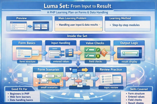 Diagram of a PHP learning plan for forms and data handling with various modules and steps.