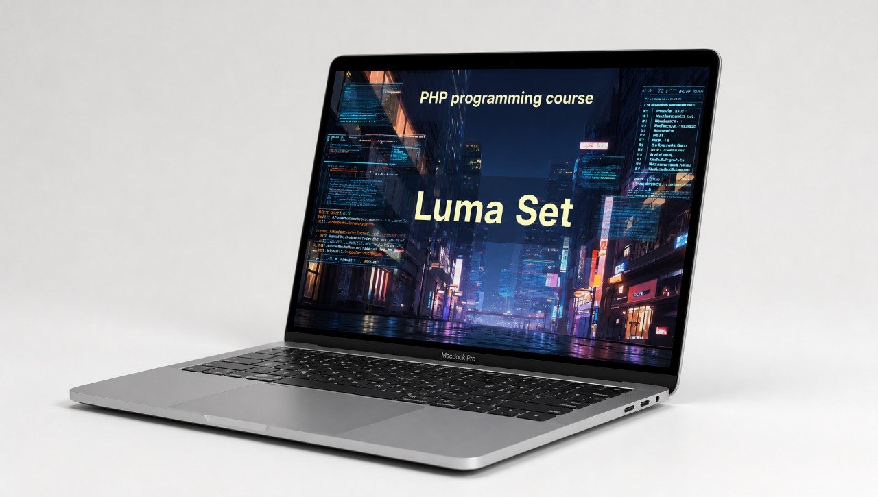 Laptop displaying a PHP programming course with 'Luma Set' on the screen.