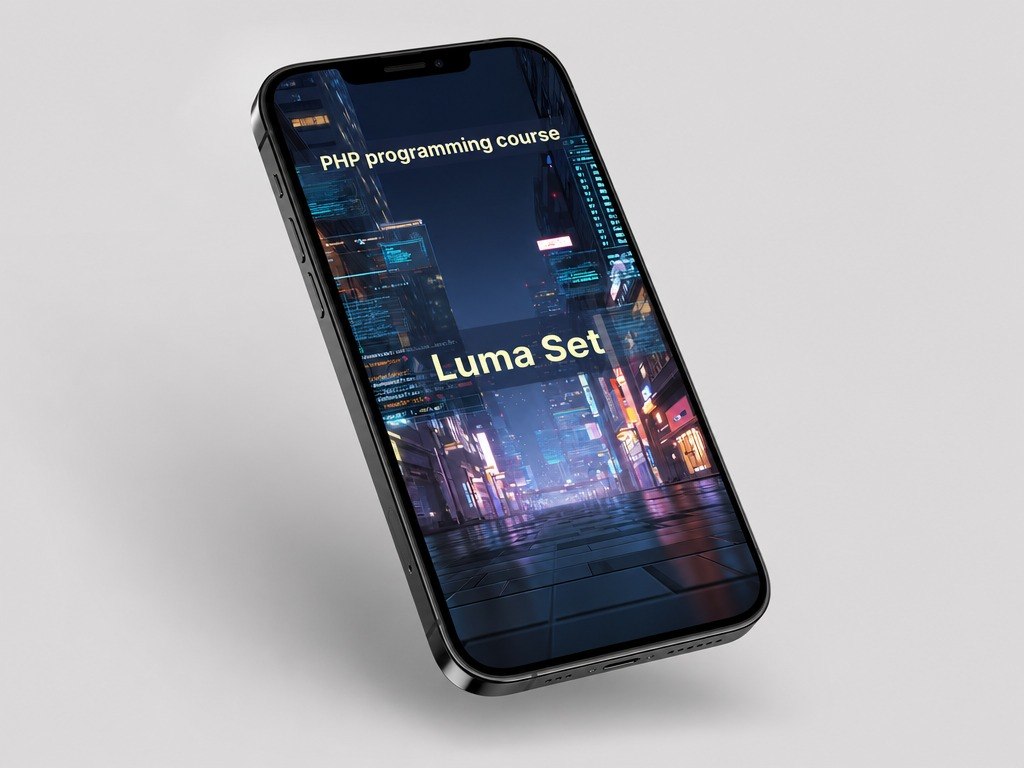 Phone displaying a PHP programming course with 'Luma Set' on a cityscape background