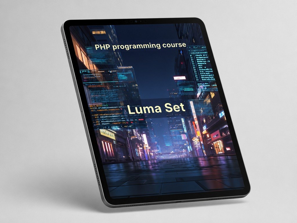 Tablet displaying a PHP programming course with 'Luma Set' text on a cityscape background.