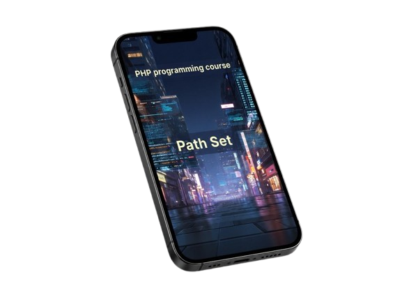 Phone displaying 'PHP programming course Path Set' on a cityscape background
