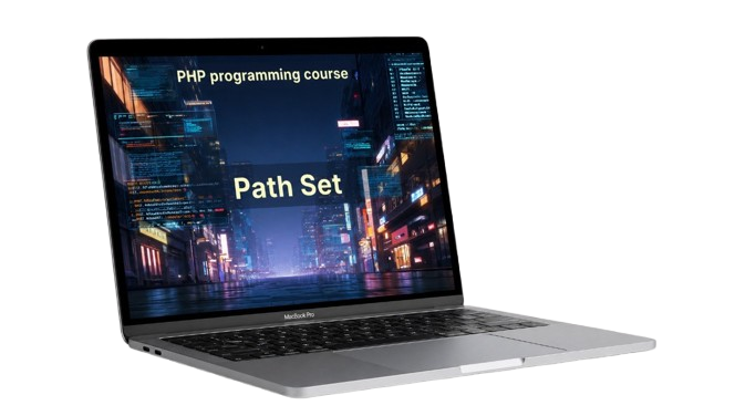 Laptop displaying a PHP programming course with 'Path Set' text on a white background