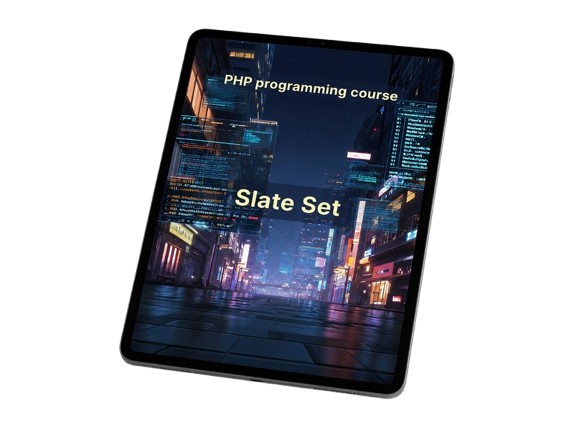 Tablet displaying a cityscape with code on a screen, labeled 'PHP programming course Slate Set'.