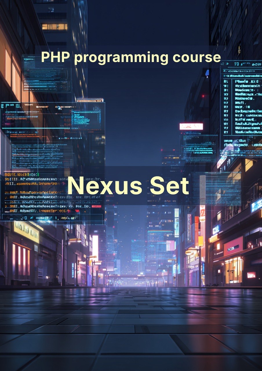 Futuristic cityscape with digital code overlay and 'PHP programming course Nexus Set' text.