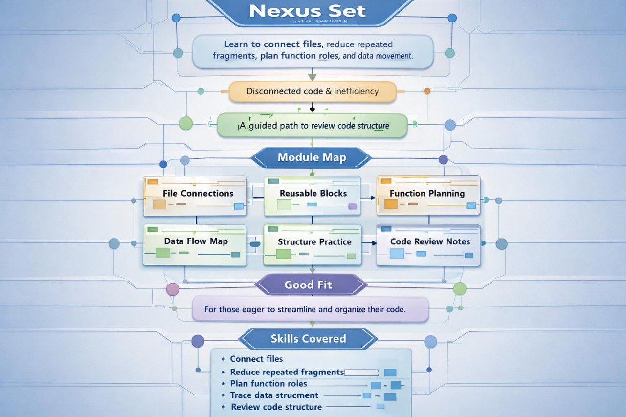 Diagram titled 'Nexus Set' with various modules and steps on a blue background