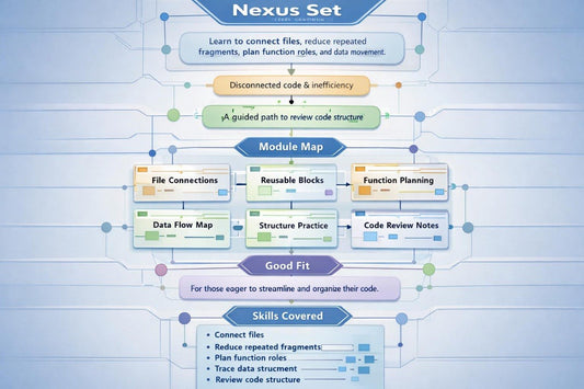 Diagram titled 'Nexus Set' with various modules and steps on a blue background