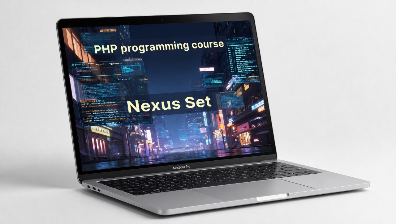 Laptop displaying a PHP programming course with 'Nexus Set' on the screen