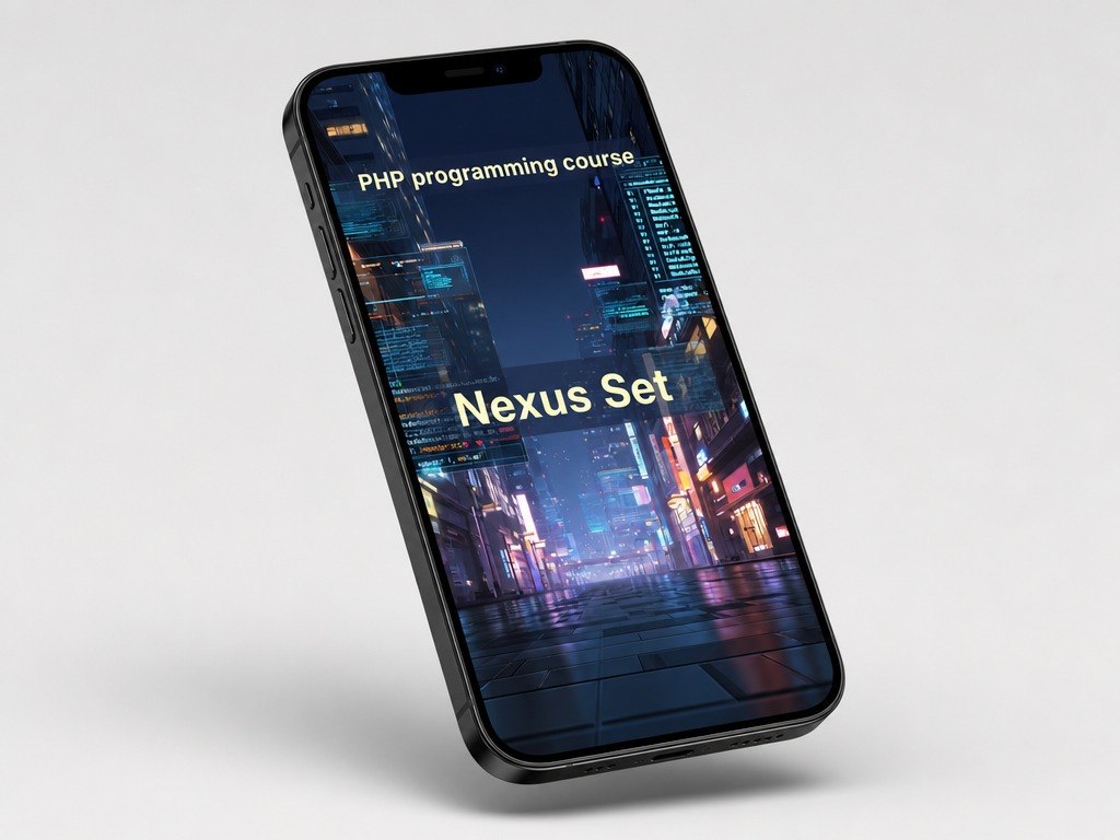 Phone displaying 'PHP programming course Nexus Set' on a cityscape background