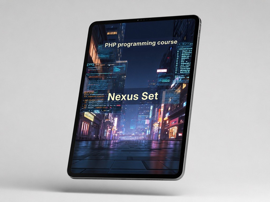 Tablet displaying a cityscape with text 'PHP programming course Nexus Set' on a white background