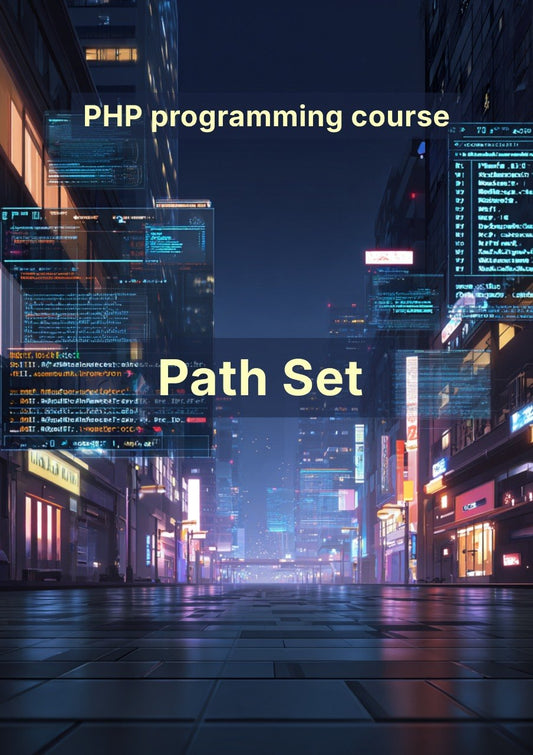 Futuristic cityscape with digital code overlay and 'PHP programming course Path Set' text.