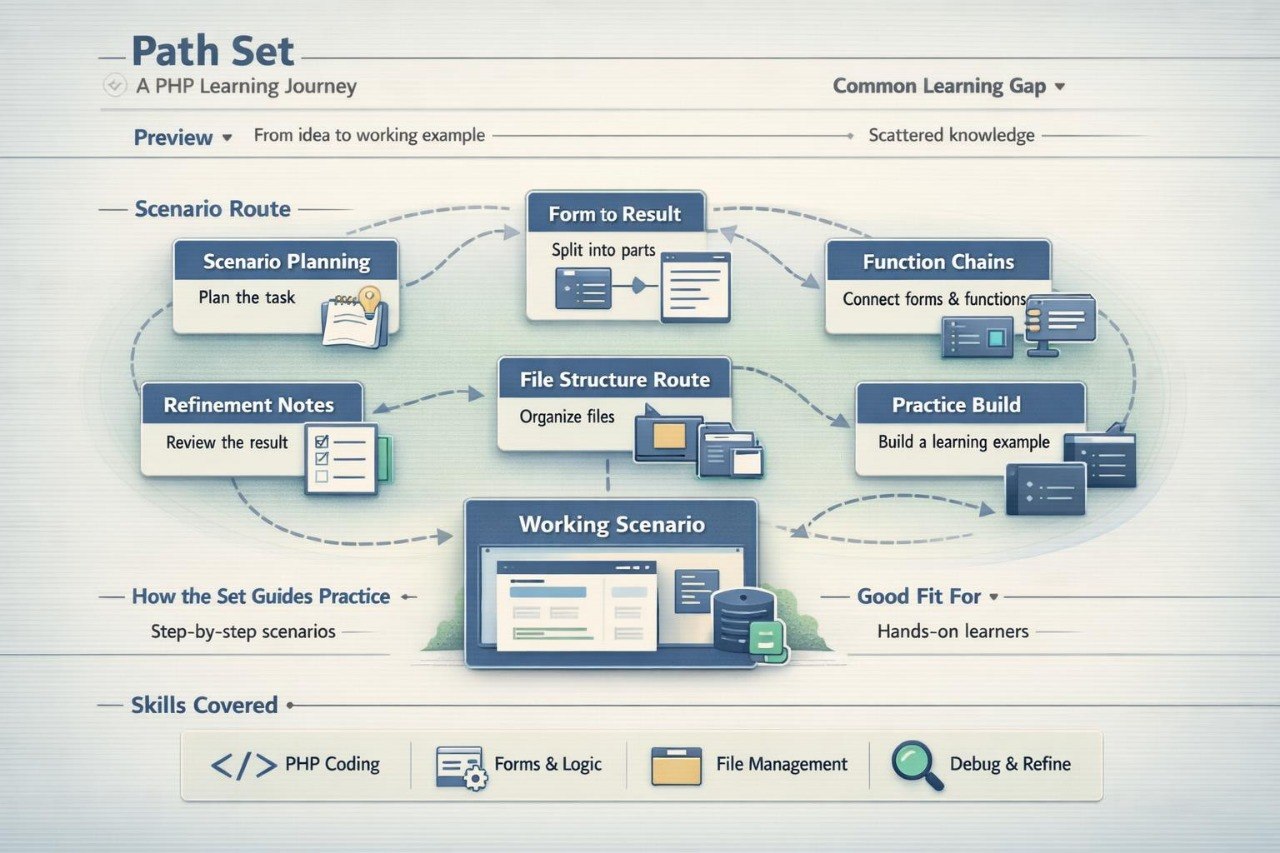 Diagram of a PHP learning journey with various steps and skills covered