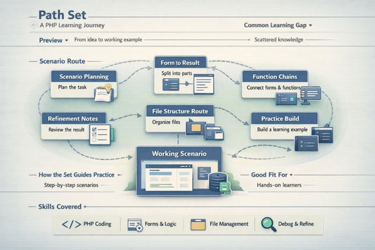 Diagram of a PHP learning journey with various steps and skills covered