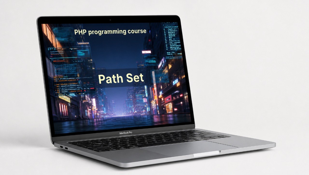 Laptop displaying a PHP programming course on a white background