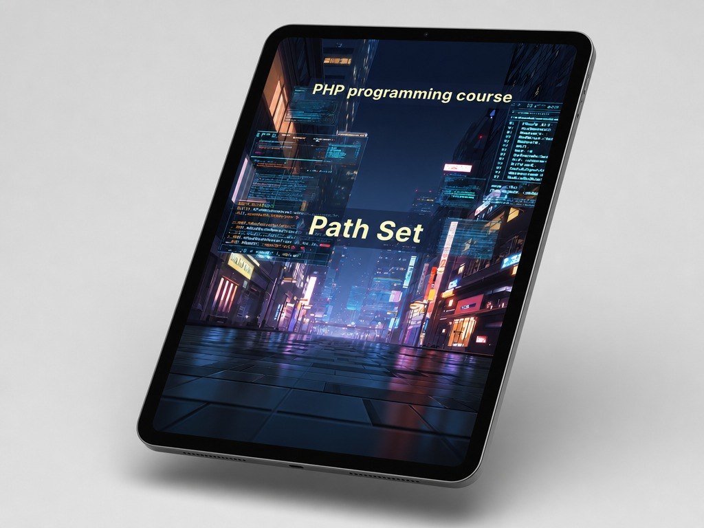 Tablet displaying a PHP programming course with a cityscape background