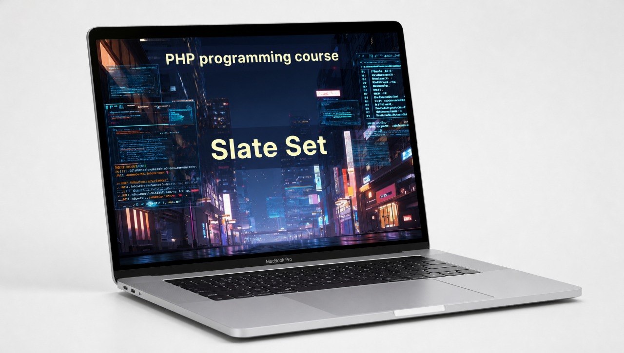 Laptop displaying a PHP programming course on a white background