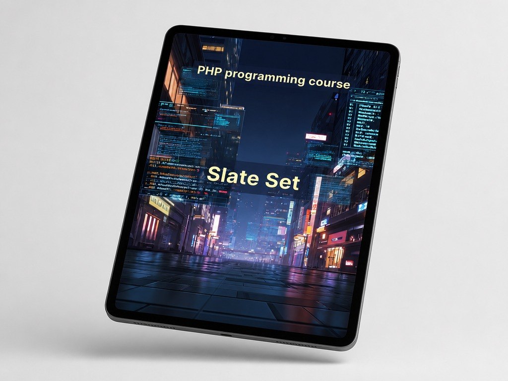 Tablet displaying a cityscape with 'PHP programming course Slate Set' text on a white background
