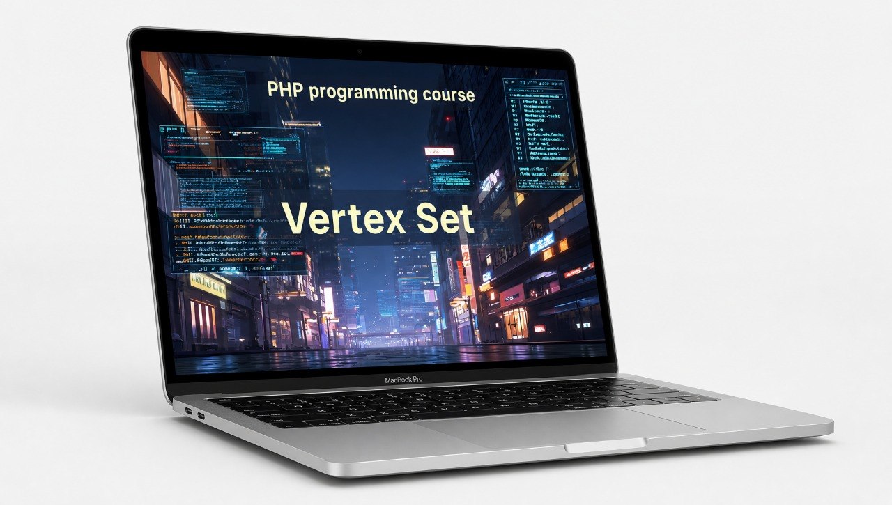 Laptop displaying a PHP programming course on a white background