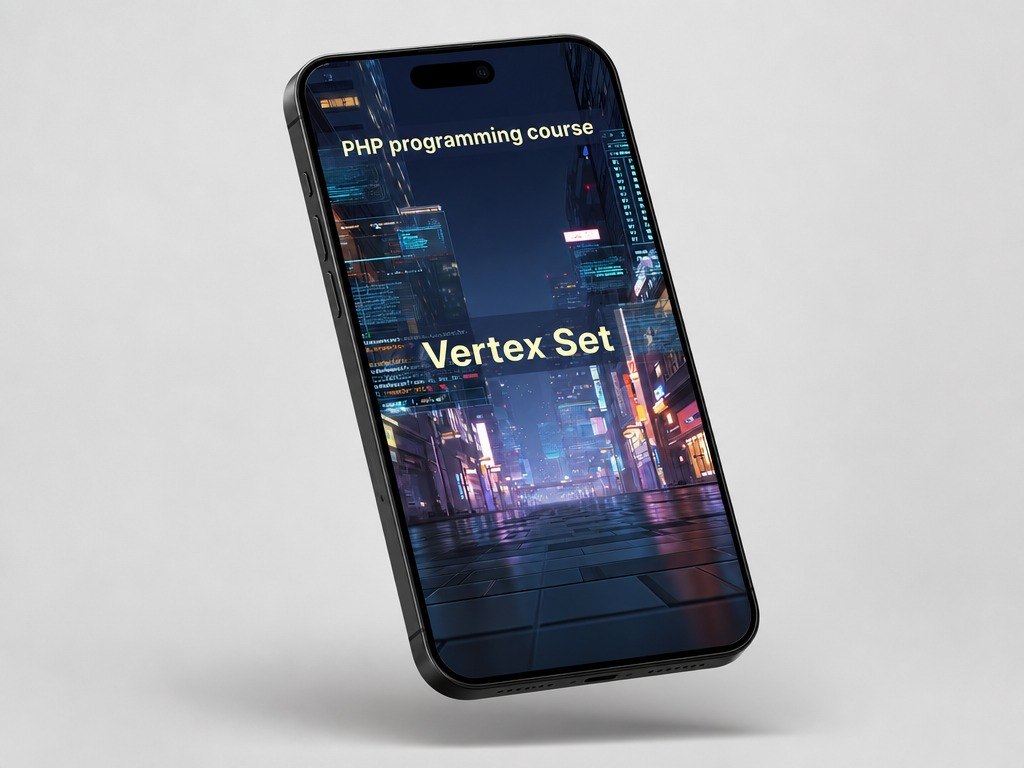 Phone with a cityscape screen displaying 'PHP programming course' and 'Vertex Set' on a light gray background
