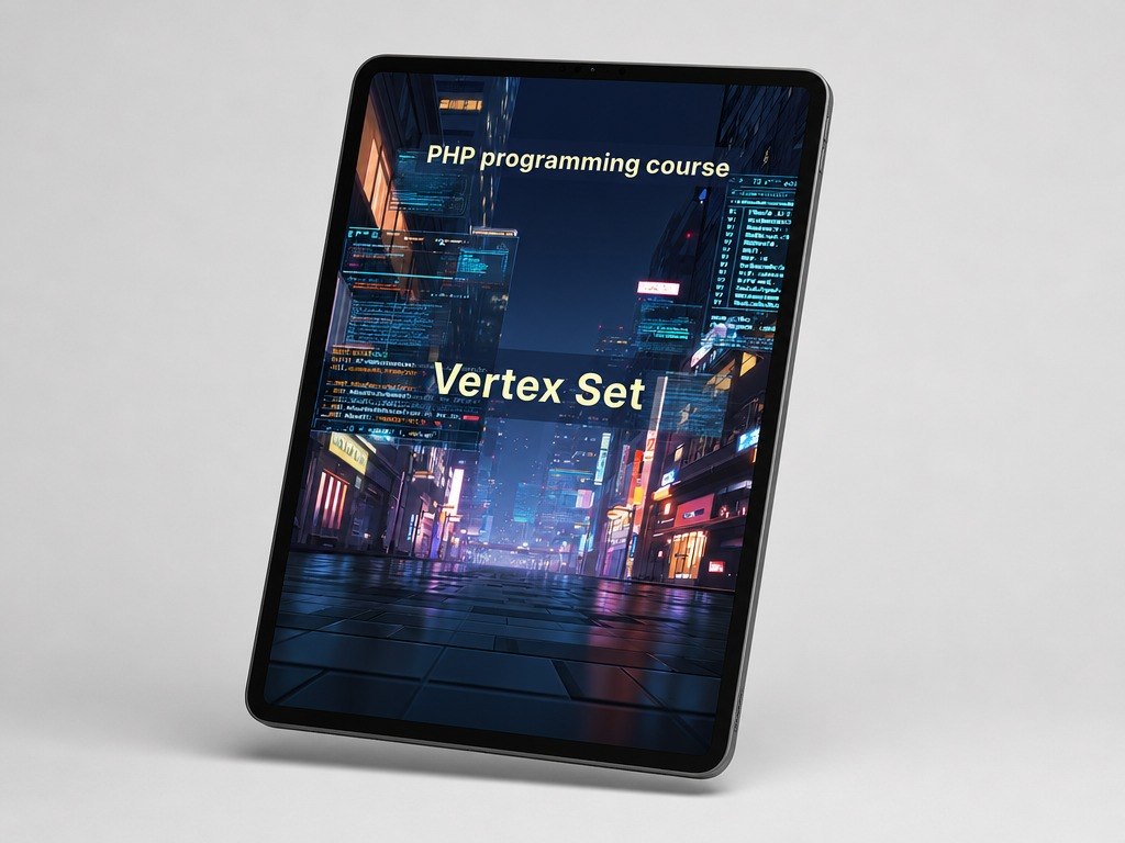 Tablet displaying a PHP programming course with a cityscape background